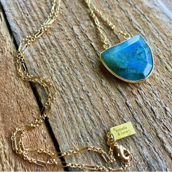 Labradorite Crescent 22K Gold Boho Necklace - Picture 7 of 10